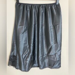 Vintage Natori Black Satin Slip Skirt with Lace Trim Size Medium
